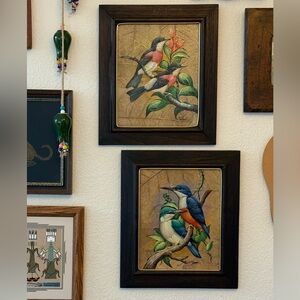 Vintage Colorful Mixed Media Birds Paintings